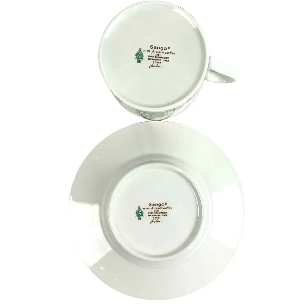 Sango Home for Christmas 1989 Korea Gold Mark # 3321 Flat Cup and Saucer Set